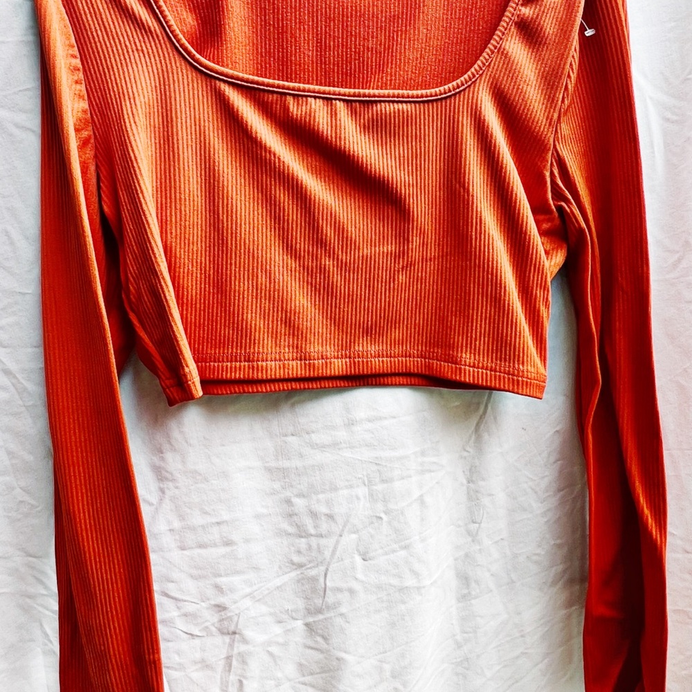 Orange Ribbed Long Sleeve Crop Top